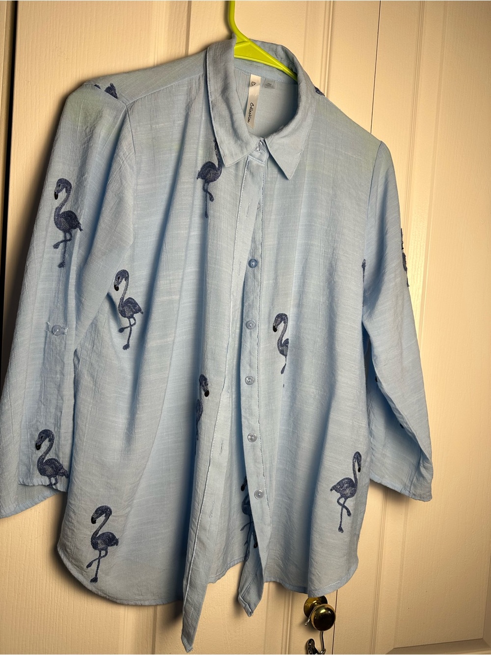 NY Collection Pale Blue Button-Down Shirt with Navy Flamingo Embroidery